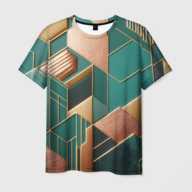 Мужская футболка 3D с принтом Арт деко зеленый и золотой узор из геометрических фигур в Кировске, 100% полиэфир | прямой крой, круглый вырез горловины, длина до линии бедер | 