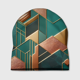 Шапка 3D с принтом Арт деко зеленый и золотой узор из геометрических фигур в Екатеринбурге, 100% полиэстер | универсальный размер, печать по всей поверхности изделия | Тематика изображения на принте: 