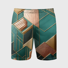 Мужские шорты спортивные с принтом Арт деко зеленый и золотой узор из геометрических фигур ,  |  | 
