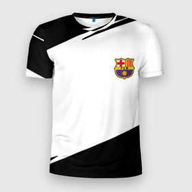 Мужская футболка 3D Slim с принтом Barcelona краски чёрные спорт в Курске, 100% полиэстер с улучшенными характеристиками | приталенный силуэт, круглая горловина, широкие плечи, сужается к линии бедра | 