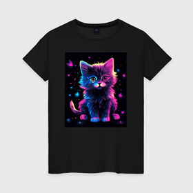 Женская футболка хлопок с принтом Неоновый котенок на черном фоне в Кировске, 100% хлопок | прямой крой, круглый вырез горловины, длина до линии бедер, слегка спущенное плечо | 