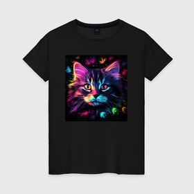 Женская футболка хлопок с принтом Неоновый котэ в цветах на черном фоне в Белгороде, 100% хлопок | прямой крой, круглый вырез горловины, длина до линии бедер, слегка спущенное плечо | 