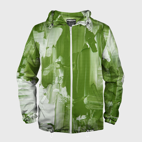 Мужская ветровка 3D с принтом Текстура белой и зелёной краски в Петрозаводске, 100% полиэстер | подол и капюшон оформлены резинкой с фиксаторами, два кармана без застежек по бокам, один потайной карман на груди | 