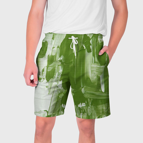 Мужские шорты 3D с принтом Текстура белой и зелёной краски в Новосибирске,  полиэстер 100% | прямой крой, два кармана без застежек по бокам. Мягкая трикотажная резинка на поясе, внутри которой широкие завязки. Длина чуть выше колен | 