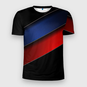 Мужская футболка 3D Slim с принтом Синие и красные полосы в Новосибирске, 100% полиэстер с улучшенными характеристиками | приталенный силуэт, круглая горловина, широкие плечи, сужается к линии бедра | Тематика изображения на принте: 