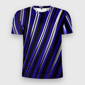Мужская футболка 3D Slim с принтом Синие белые черные объемные полосы в Новосибирске, 100% полиэстер с улучшенными характеристиками | приталенный силуэт, круглая горловина, широкие плечи, сужается к линии бедра | 