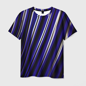 Мужская футболка 3D с принтом Синие белые черные объемные полосы в Белгороде, 100% полиэфир | прямой крой, круглый вырез горловины, длина до линии бедер | 
