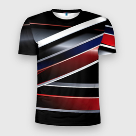 Мужская футболка 3D Slim с принтом Белые черные красные полосы в Белгороде, 100% полиэстер с улучшенными характеристиками | приталенный силуэт, круглая горловина, широкие плечи, сужается к линии бедра | Тематика изображения на принте: 