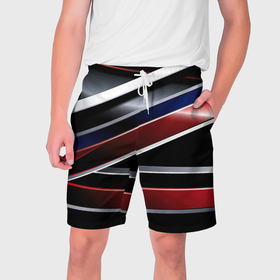 Мужские шорты 3D с принтом Белые черные красные полосы в Тюмени,  полиэстер 100% | прямой крой, два кармана без застежек по бокам. Мягкая трикотажная резинка на поясе, внутри которой широкие завязки. Длина чуть выше колен | 