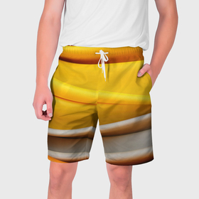 Мужские шорты 3D с принтом Желтая абстракция с оранжевой волной в Кировске,  полиэстер 100% | прямой крой, два кармана без застежек по бокам. Мягкая трикотажная резинка на поясе, внутри которой широкие завязки. Длина чуть выше колен | 