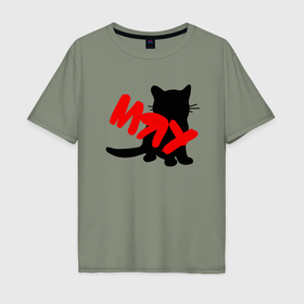Мужская футболка хлопок Oversize с принтом Силуэт котёнка мяу в Екатеринбурге, 100% хлопок | свободный крой, круглый ворот, “спинка” длиннее передней части | 