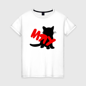 Женская футболка хлопок с принтом Силуэт котёнка мяу в Белгороде, 100% хлопок | прямой крой, круглый вырез горловины, длина до линии бедер, слегка спущенное плечо | 