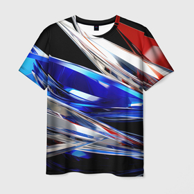 Мужская футболка 3D с принтом Белая синяя красная острая абстракция , 100% полиэфир | прямой крой, круглый вырез горловины, длина до линии бедер | 