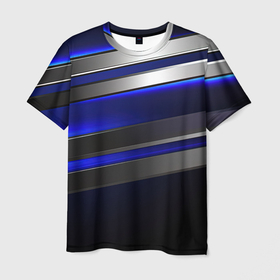 Мужская футболка 3D с принтом Серебряные полосы на ярком синем фоне в Белгороде, 100% полиэфир | прямой крой, круглый вырез горловины, длина до линии бедер | 