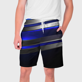 Мужские шорты 3D с принтом Серебряные полосы на ярком синем фоне в Новосибирске,  полиэстер 100% | прямой крой, два кармана без застежек по бокам. Мягкая трикотажная резинка на поясе, внутри которой широкие завязки. Длина чуть выше колен | 