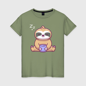 Женская футболка хлопок с принтом Sloth chill в Новосибирске, 100% хлопок | прямой крой, круглый вырез горловины, длина до линии бедер, слегка спущенное плечо | 