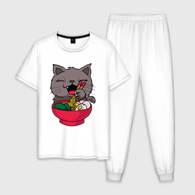 Мужская пижама хлопок с принтом Котик ест рамен в Новосибирске, 100% хлопок | брюки и футболка прямого кроя, без карманов, на брюках мягкая резинка на поясе и по низу штанин
 | 