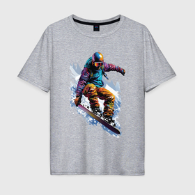 Мужская футболка хлопок Oversize с принтом Сноубордист фрирайдер в Курске, 100% хлопок | свободный крой, круглый ворот, “спинка” длиннее передней части | 