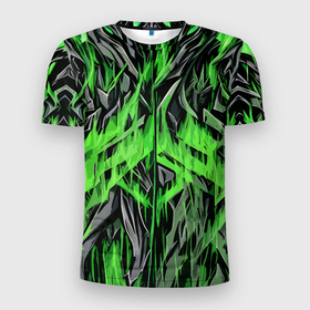 Мужская футболка 3D Slim с принтом Камень и зелёный огонь в Белгороде, 100% полиэстер с улучшенными характеристиками | приталенный силуэт, круглая горловина, широкие плечи, сужается к линии бедра | Тематика изображения на принте: 