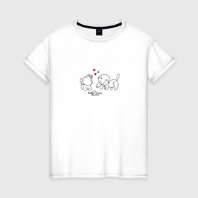 Женская футболка хлопок с принтом Любовь: котики с рыбкой , 100% хлопок | прямой крой, круглый вырез горловины, длина до линии бедер, слегка спущенное плечо | 