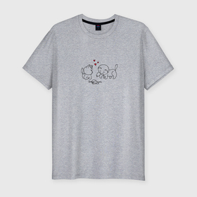 Мужская футболка хлопок Slim с принтом Любовь: котики с рыбкой , 92% хлопок, 8% лайкра | приталенный силуэт, круглый вырез ворота, длина до линии бедра, короткий рукав | 