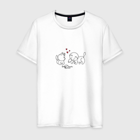 Мужская футболка хлопок с принтом Любовь: котики с рыбкой , 100% хлопок | прямой крой, круглый вырез горловины, длина до линии бедер, слегка спущенное плечо. | 