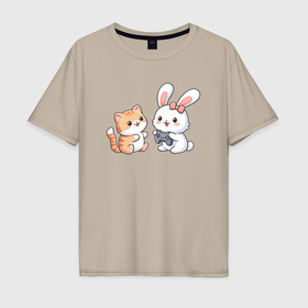 Мужская футболка хлопок Oversize с принтом Котик играет с кроликом в Белгороде, 100% хлопок | свободный крой, круглый ворот, “спинка” длиннее передней части | 