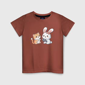Детская футболка хлопок с принтом Котик играет с кроликом в Белгороде, 100% хлопок | круглый вырез горловины, полуприлегающий силуэт, длина до линии бедер | 