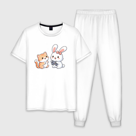 Мужская пижама хлопок с принтом Котик играет с кроликом в Белгороде, 100% хлопок | брюки и футболка прямого кроя, без карманов, на брюках мягкая резинка на поясе и по низу штанин
 | 