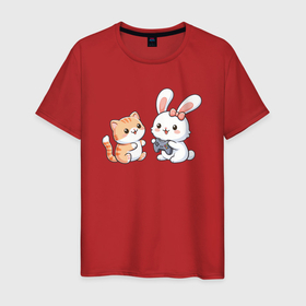 Мужская футболка хлопок с принтом Котик играет с кроликом в Тюмени, 100% хлопок | прямой крой, круглый вырез горловины, длина до линии бедер, слегка спущенное плечо. | 