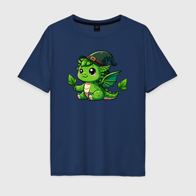 Мужская футболка хлопок Oversize с принтом Зеленый дракончик в шляпе , 100% хлопок | свободный крой, круглый ворот, “спинка” длиннее передней части | 
