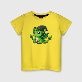Детская футболка хлопок с принтом Зеленый дракончик в шляпе в Екатеринбурге, 100% хлопок | круглый вырез горловины, полуприлегающий силуэт, длина до линии бедер | 