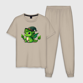 Мужская пижама хлопок с принтом Зеленый дракончик в шляпе , 100% хлопок | брюки и футболка прямого кроя, без карманов, на брюках мягкая резинка на поясе и по низу штанин
 | 