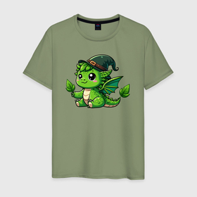 Мужская футболка хлопок с принтом Зеленый дракончик в шляпе в Екатеринбурге, 100% хлопок | прямой крой, круглый вырез горловины, длина до линии бедер, слегка спущенное плечо. | 