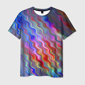 Мужская футболка 3D с принтом Волнистые разноцветные линии в Тюмени, 100% полиэфир | прямой крой, круглый вырез горловины, длина до линии бедер | 