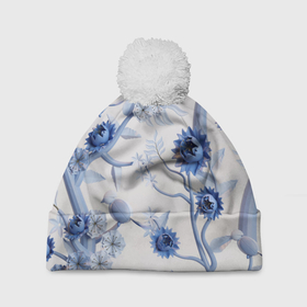 Шапка 3D c помпоном с принтом Flowers color blue texture в Санкт-Петербурге, 100% полиэстер | универсальный размер, печать по всей поверхности изделия | 