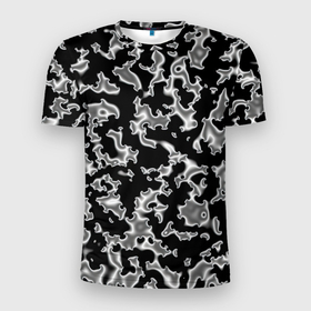 Мужская футболка 3D Slim с принтом Капли жидкого металла   камуфляж на чёрном в Новосибирске, 100% полиэстер с улучшенными характеристиками | приталенный силуэт, круглая горловина, широкие плечи, сужается к линии бедра | 