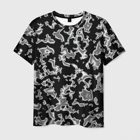 Мужская футболка 3D с принтом Капли жидкого металла   камуфляж на чёрном в Петрозаводске, 100% полиэфир | прямой крой, круглый вырез горловины, длина до линии бедер | Тематика изображения на принте: 
