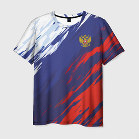 Мужская футболка 3D с принтом Россия Sport брызги красок триколор в Санкт-Петербурге, 100% полиэфир | прямой крой, круглый вырез горловины, длина до линии бедер | Тематика изображения на принте: 