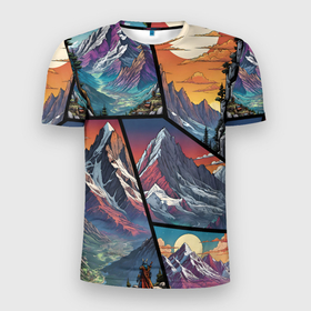 Мужская футболка 3D Slim с принтом Mountains art в Курске, 100% полиэстер с улучшенными характеристиками | приталенный силуэт, круглая горловина, широкие плечи, сужается к линии бедра | Тематика изображения на принте: 
