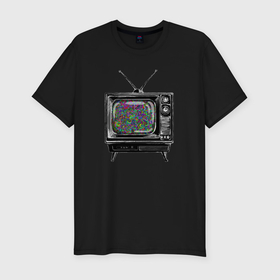 Мужская футболка хлопок Slim с принтом Старый телевизор цветной шум в Екатеринбурге, 92% хлопок, 8% лайкра | приталенный силуэт, круглый вырез ворота, длина до линии бедра, короткий рукав | 