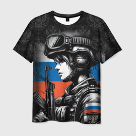 Мужская футболка 3D с принтом Русская военная девушка в Петрозаводске, 100% полиэфир | прямой крой, круглый вырез горловины, длина до линии бедер | 