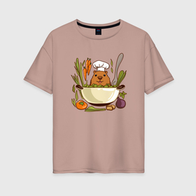 Женская футболка хлопок Oversize с принтом Капибара готовит обед в Тюмени, 100% хлопок | свободный крой, круглый ворот, спущенный рукав, длина до линии бедер
 | 
