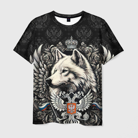 Мужская футболка 3D с принтом Русский волк и герб России в Новосибирске, 100% полиэфир | прямой крой, круглый вырез горловины, длина до линии бедер | 