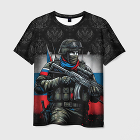 Мужская футболка 3D с принтом Русский  солдат в Санкт-Петербурге, 100% полиэфир | прямой крой, круглый вырез горловины, длина до линии бедер | 