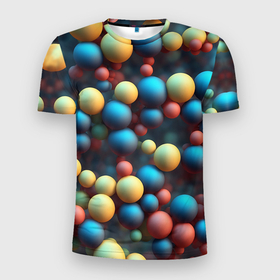 Мужская футболка 3D Slim с принтом Разноцветные шарики молекул в Новосибирске, 100% полиэстер с улучшенными характеристиками | приталенный силуэт, круглая горловина, широкие плечи, сужается к линии бедра | 