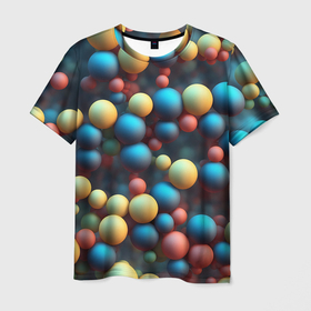 Мужская футболка 3D с принтом Разноцветные шарики молекул в Новосибирске, 100% полиэфир | прямой крой, круглый вырез горловины, длина до линии бедер | 