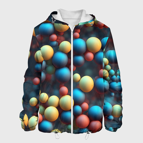 Мужская куртка 3D с принтом Разноцветные шарики молекул в Новосибирске, ткань верха — 100% полиэстер, подклад — флис | прямой крой, подол и капюшон оформлены резинкой с фиксаторами, два кармана без застежек по бокам, один большой потайной карман на груди. Карман на груди застегивается на липучку | 