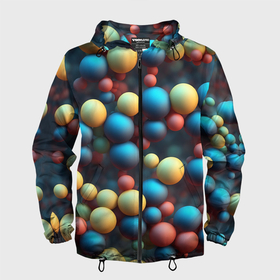 Мужская ветровка 3D с принтом Разноцветные шарики молекул в Курске, 100% полиэстер | подол и капюшон оформлены резинкой с фиксаторами, два кармана без застежек по бокам, один потайной карман на груди | Тематика изображения на принте: 