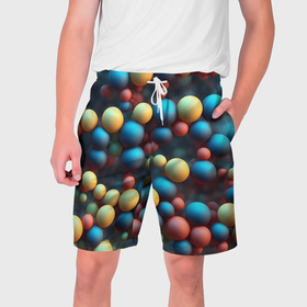 Мужские шорты 3D с принтом Разноцветные шарики молекул в Новосибирске,  полиэстер 100% | прямой крой, два кармана без застежек по бокам. Мягкая трикотажная резинка на поясе, внутри которой широкие завязки. Длина чуть выше колен | 